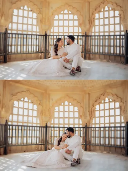 Two variations of a tender moment inside a beautifully lit palace corridor. We explore different expressions and compositions to ensure we capture the perfect, most authentic shot.