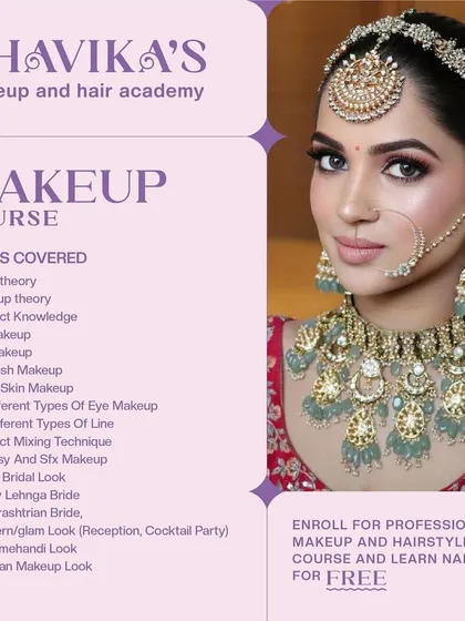 A flyer detailing the makeup course curriculum, covering everything from color theory and HD makeup to 14 different eye makeup styles.