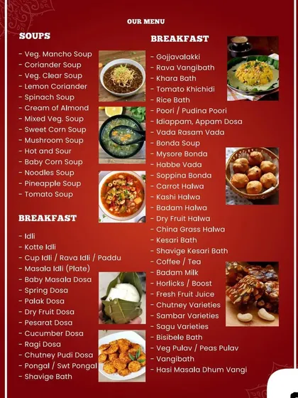 A glimpse into our extensive breakfast menu options. We offer a wide variety of dishes, from classic Idli and Kotte Idli to different types of dosas, vadas, and traditional sweets, allowing you to customize your event's spread.