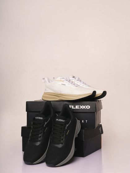 A clean studio shot of two pairs of Flexxo sport shoes, stacked on their boxes. This is a classic e-commerce setup that clearly displays the product and its branding.