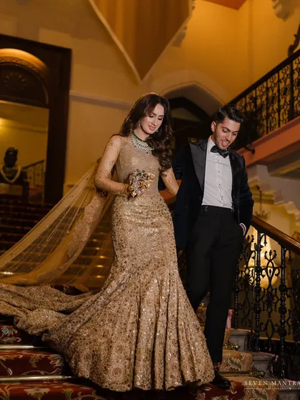 Descending the grand staircase at the Taj Mahal Palace. I directed this shot to feel like a scene from a classic film, styling Alia in a golden Tarun Tahiliani gown that perfectly captured the opulent, old-world glamour of the setting.