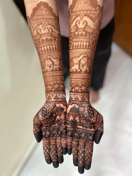 This is the result of my all-natural henna paste and proper aftercare. I guarantee a deep, long-lasting stain that makes the intricate details of your bridal mehndi, like these royal elephants and peacocks, truly stand out on your special day.