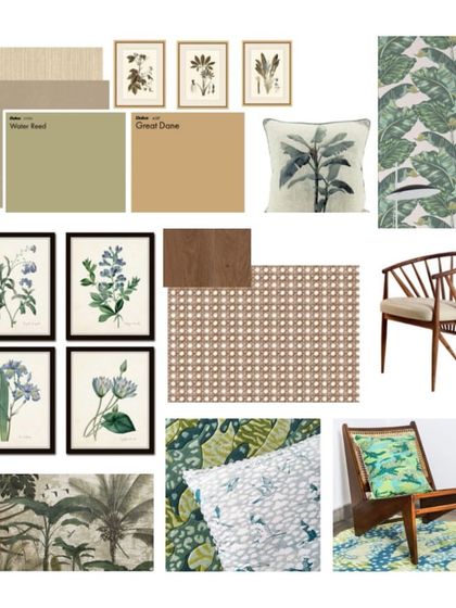 A mood board we created for a tropical-themed bedroom. It includes material samples, color swatches, and inspirational images that guide the design process and help clients visualize the final space.