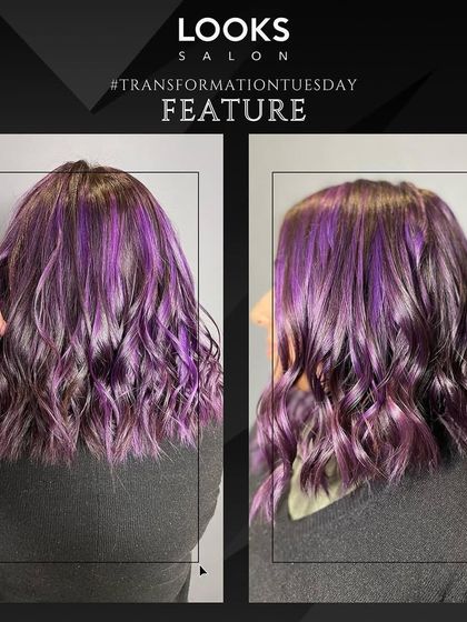 A before-and-after shot of a purple balayage on a short bob. The vibrant purple streaks add a fun and edgy twist to a classic haircut.