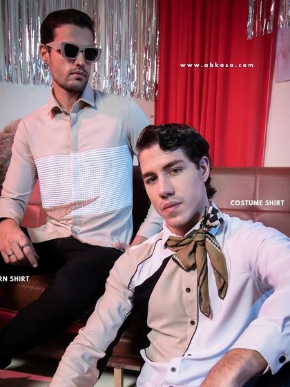 A campaign shot for menswear brand Abkasa. I created a retro-cool vibe with a mix of patterned shirts, a neck scarf, and classic trousers.