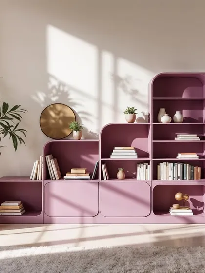 A concept for a modern, sculptural bookshelf in a warm purple tone. This piece is both a storage solution and a work of art.