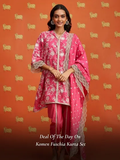 Today's deal of the day is the Komen Fuschia Kurta Set. The dhoti style pants give this traditional outfit a modern and trendy twist.
