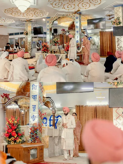 A collage capturing different angles of the Anand Karaj ceremony, showing the couple's devotion and the sacredness of the rituals.