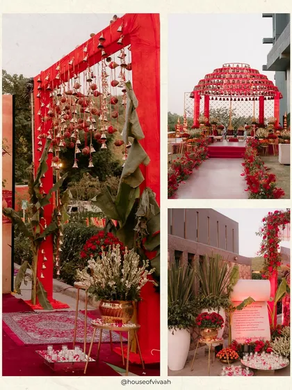 A collage showing the details of the traditional red wedding decor, from the bell-adorned entrance to the grand mandap and the personalized scroll, capturing the event's heritage-rich aesthetic.