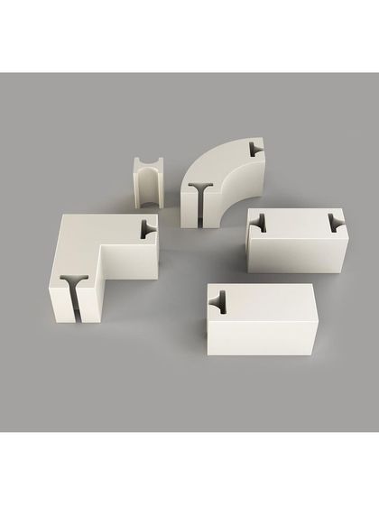 These are the five core modules of the LOKI system: an end, straight, curved, corner, and connector piece. These simple building blocks can be combined to create endless seating configurations.