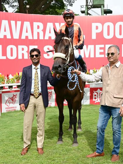 Excellent Lass, with jockey Yash Narredu, after winning The A.M.C. Gowda Memorial Trophy.