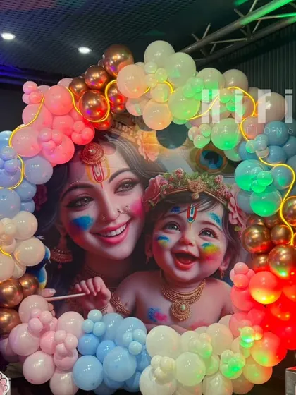 A colorful Yashoda and Krishna themed backdrop, perfect for a baby's naming ceremony or first birthday.