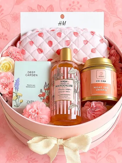 Pretty in pink! This round box hamper is perfect for a bridesmaid, filled with an H&M eye mask, Oh Cha tea, a Nykaa shower gel, and a mini Zara perfume, all nestled amongst delicate flowers.