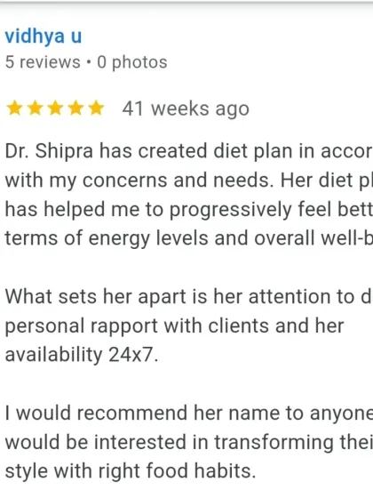 Nothing makes me happier than seeing my clients feel more energetic and achieve their health goals. This review from Vidhya highlights my focus on creating personalized plans and providing attentive support.