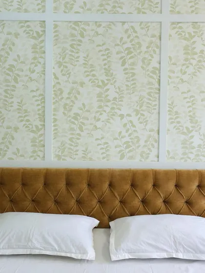 A detail shot of the board and batten wallpaper design, a great way to dress up a wall in a minimalist yet elegant way.