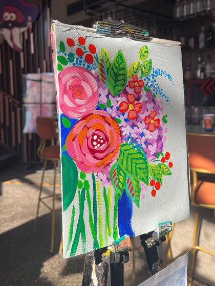 The finished floral abstract painting from one of my workshops, displayed on an easel. It's always so rewarding to see a finished piece shining in the light.