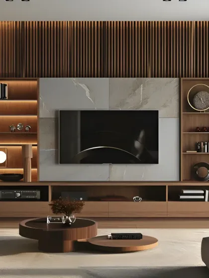 This entertainment center features a balanced composition of wood and stone-finish panels. Vertical wooden slats and open, backlit shelving frame the TV area, creating a sophisticated focal point in this modern living room.