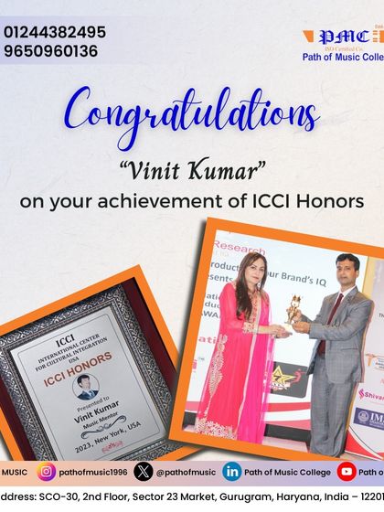 We congratulate our founder, Vinit Kumar, on receiving the prestigious ICCI Honors. This international recognition reinforces our college's standing as a center for excellence in music education.