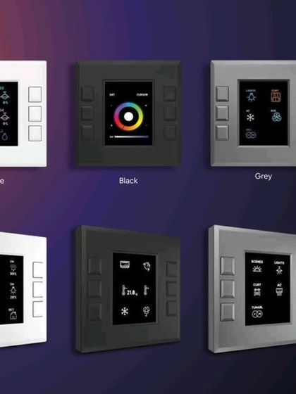 We offer a variety of finishes to match your home's aesthetic. This image displays our KNX wired keypad solutions in White, Black, and Grey, each featuring a clear display screen for intuitive control and status feedback.