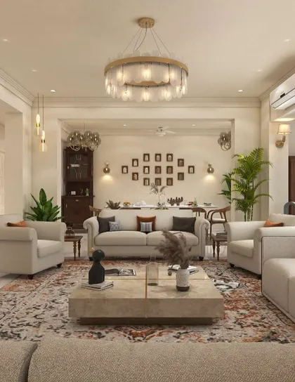 For the 'Nivasa' project, the goal was simplicity and timelessness. This living room uses a clean palette, comfortable modern furniture, and subtle India-Modern accents to create a space that will age gracefully.