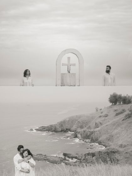 A creative black and white collage from the cliffside shoot, combining a wide landscape with an intimate embrace and an artistic shot featuring a cross.