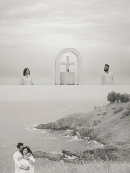 A creative black and white collage from the cliffside shoot, combining a wide landscape with an intimate embrace and an artistic shot featuring a cross.