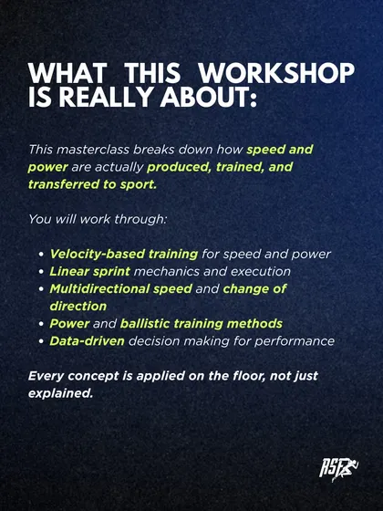 We focus on practical, on-the-floor application. This visual outlines the core concepts of our workshop, including velocity-based training, linear sprint mechanics, and data-driven decision making, emphasizing that every concept is applied, not just explained.