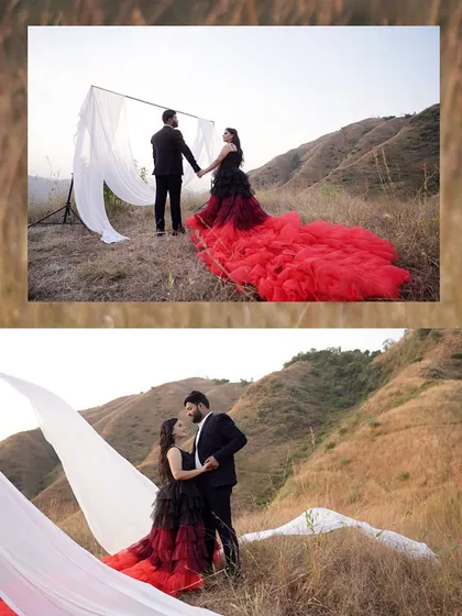 Even in a vast landscape, you can create a focused, studio-like setup. We show you how to use simple elements like a fabric backdrop to control the scene, contrasting a dramatic, flowing gown against the raw, natural texture of the hillside.