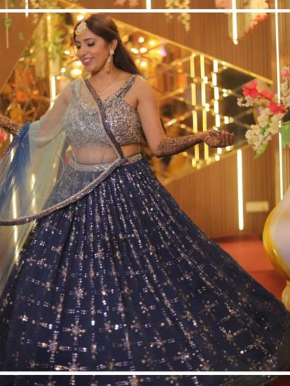 A full, twirling shot of our happy client in her rental lehenga for her Mehendi ceremony.