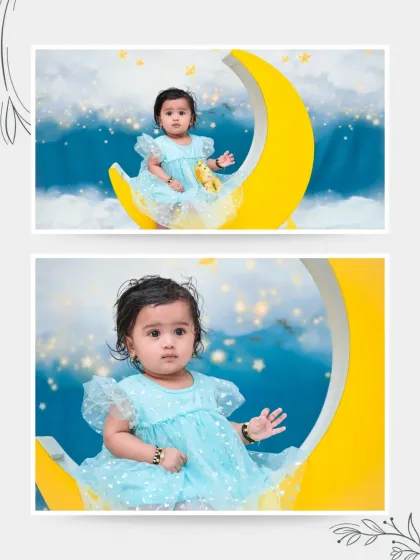 A two-photo collage featuring close-up and wider shots from the moon-themed session. This shows the beautiful details of the baby's expression and the overall dreamy setup.
