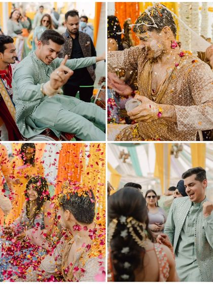 This collage captures the groom's journey through the Haldi, from his energetic entrance to being covered in flowers.