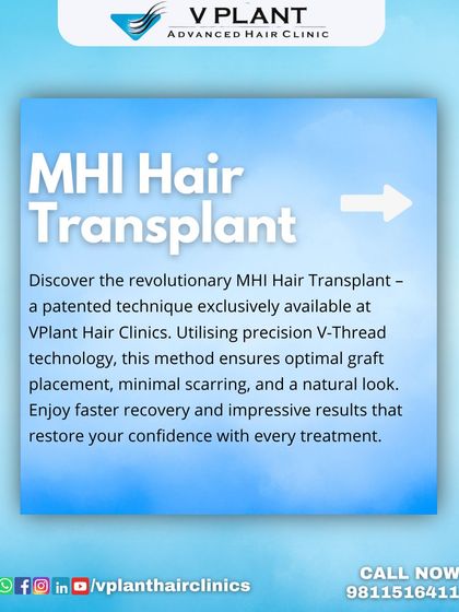 This graphic provides a concise explanation of our revolutionary MHI Hair Transplant. It highlights the use of our patented V-Thread technology for optimal graft placement, minimal scarring, and faster recovery.