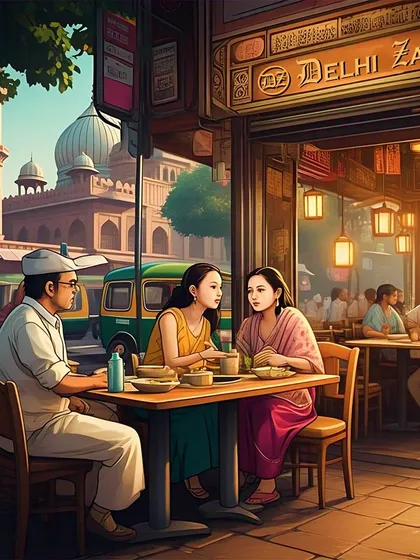Delhi Zaika in the AI Universe. A family enjoys a meal, capturing the essence of our brand in an artistic style.