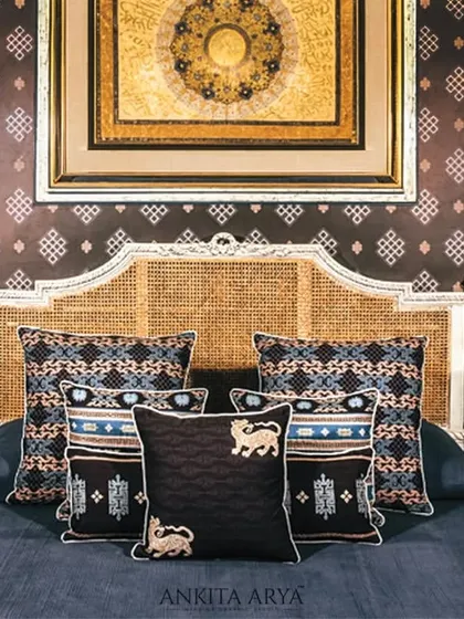 Inspired by Tibetan art and ancient rugs, I designed this series of bold cushions and an eclectic wallpaper pattern. The century-old motifs are artfully translated into luxury textiles that complement the modern aesthetic.