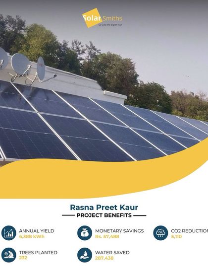 This rooftop installation for Rasna Preet Kaur is another success story in our mission for a greener planet. The system provides annual savings of ₹57,488 and a significant reduction in carbon emissions.