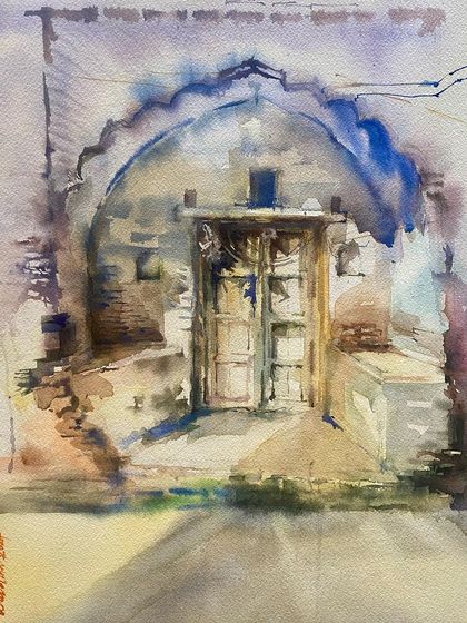 My love for old doors and 'purani haveli' (old mansions) is endless. This watercolor sketch captures the quiet dignity of a weathered, arched doorway, hinting at the stories held within.