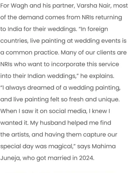 A snippet from our feature, where we talk about how many of our NRI clients love bringing the concept of live painting to their Indian weddings.
