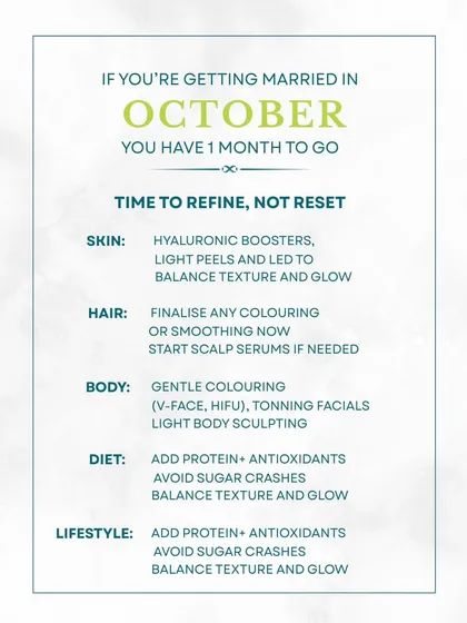 If your wedding is just one month away, it's time to refine, not reset. This is the time for treatments like hyaluronic boosters, light peels, and LED therapy to balance texture and enhance glow.