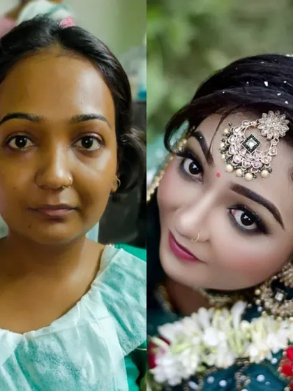 The before and after shows the power of makeup to bring out your inner radiance. For this beautiful bride, we went with a glamorous look featuring bold smokey eyes and a flawless base that looks stunning both in photos and in person.