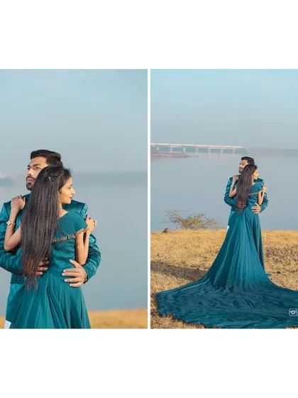 Two views of the same moment, showing the couple's embrace. The right image reveals the full, dramatic sweep of the pre-wedding gown against the landscape.