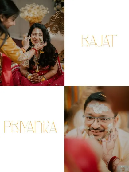 A stylish collage with individual portraits of the bride and groom during their haldi ceremony.