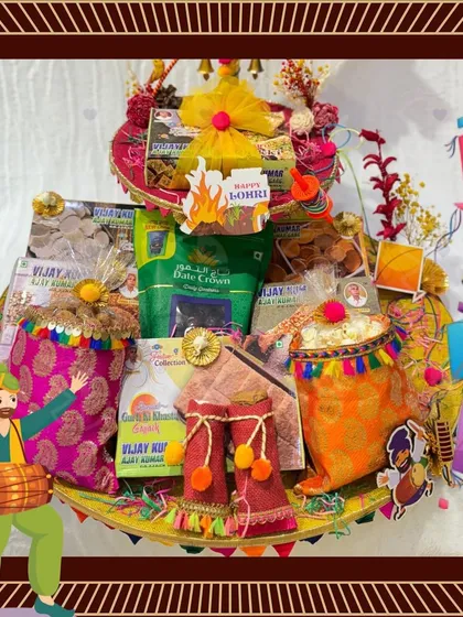 An animated version of my grand Lohri hamper, complete with flying kites and a dancing figure to capture the joyful essence of the festival.