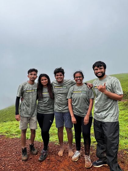 A group of our trekkers in matching Karnataka Hikes t-shirts on the Kodachadri trail.