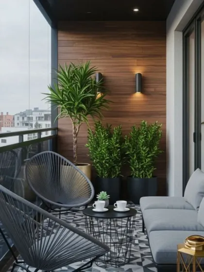 A modern and chic balcony setup featuring contemporary wireframe Acapulco chairs and a matching sofa. The geometric floor tiles and wood-paneled accent wall add layers of texture and visual interest to this stylish outdoor seating area.