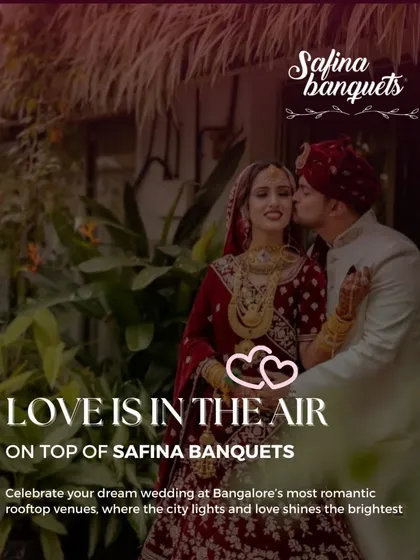 Love is in the air on our rooftop. This intimate moment captures the romance of a wedding at Safina Banquets, with the city lights creating a magical backdrop for your love story.