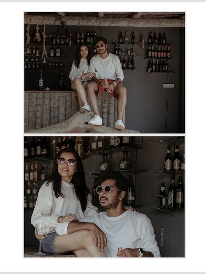 A cool, modern pre-wedding shoot at a bar. This shows a different, more edgy style that reflects the couple's personality.