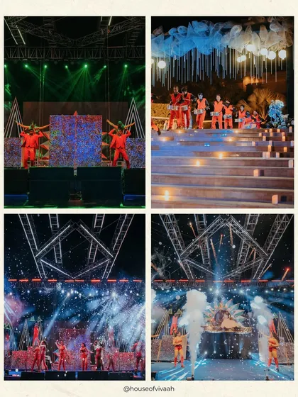 A high-energy collage from the starry-night Sangeet, showing dancers on the geometric stage, cold pyro effects, and dramatic lighting that filled the evening with spectacle.
