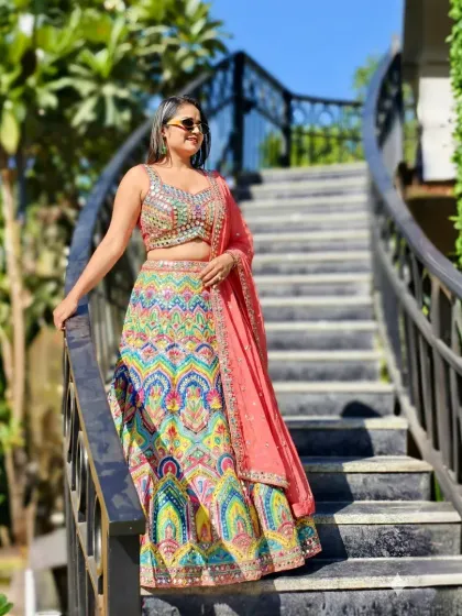 Basking in the golden hues of a luxurious Haldi celebration at Manu Maharani Resorts. My colorful lehenga was chosen to complement the vibrant and joyous theme of the event.