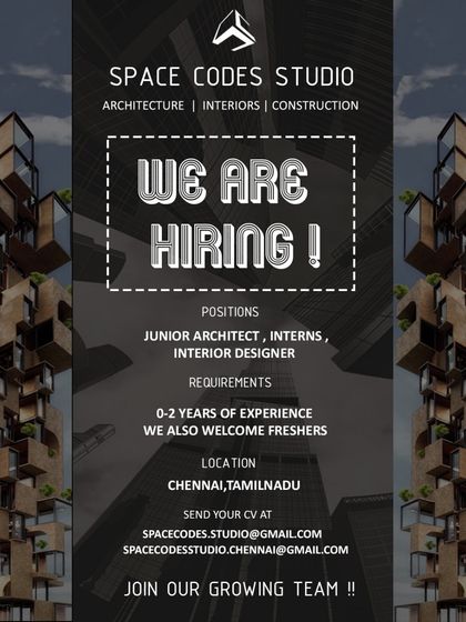 A posting for Space Codes Studio in Chennai for a Junior Architect, welcoming freshers and those with up to 2 years of experience.