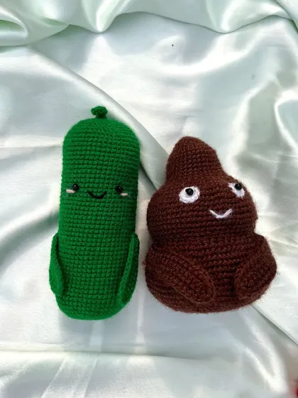 A smiling pickle and a happy poop emoji. These unique and funny creations are always a hit and show that you can crochet anything.